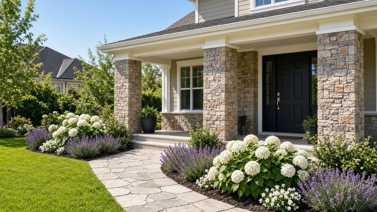 Flagstone walkway lined with white hydrangeas and purple lavender leading to a covered front porch with stone pillars and a dark front door.