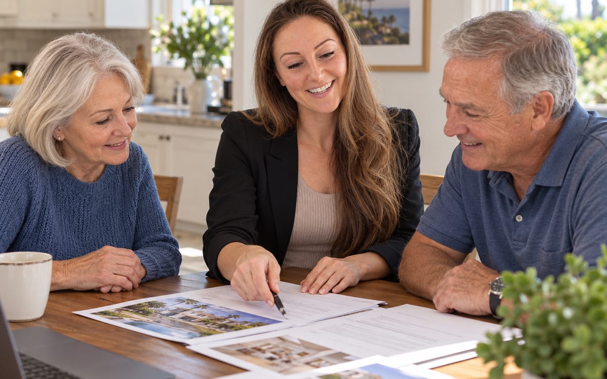 Natalie Tan talking through options with a senior couple at a dining table.
