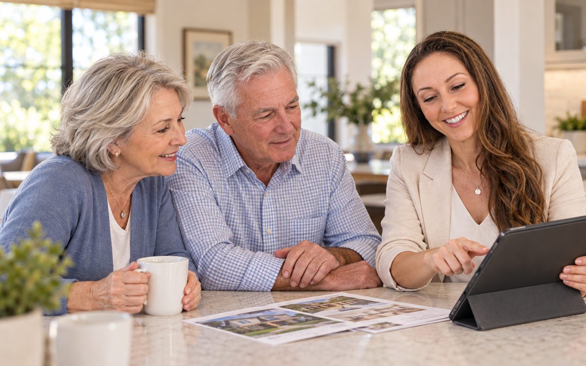 Natalie Tan reviewing details on a tablet with an older couple at a kitchen island.