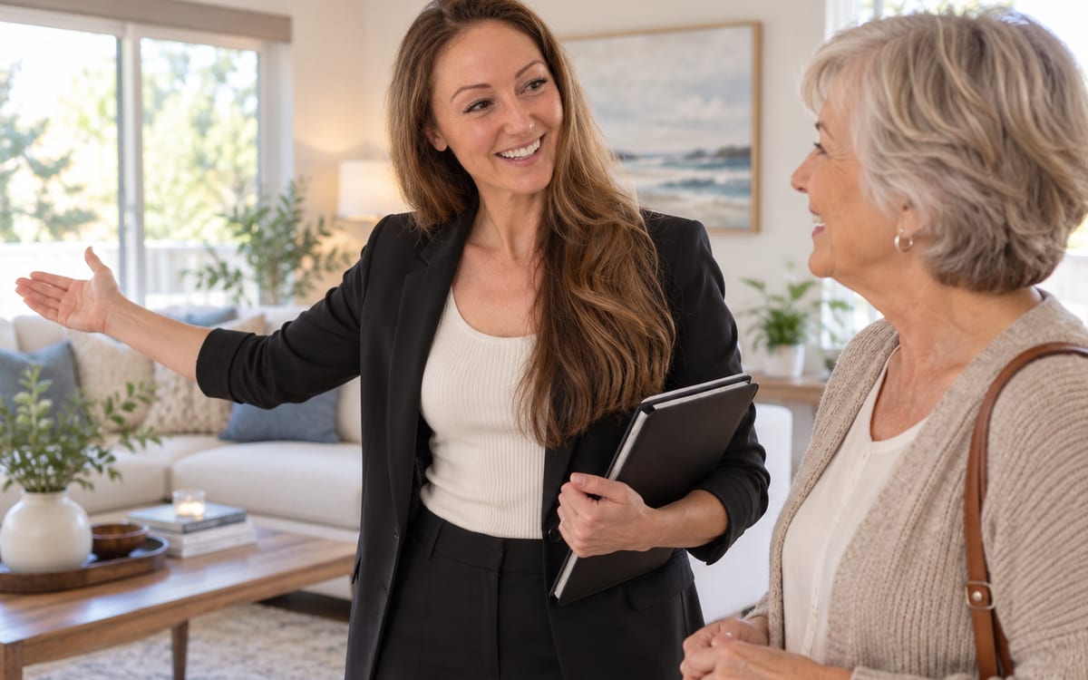 Natalie Tan touring a living room with a senior homebuyer during a home showing.