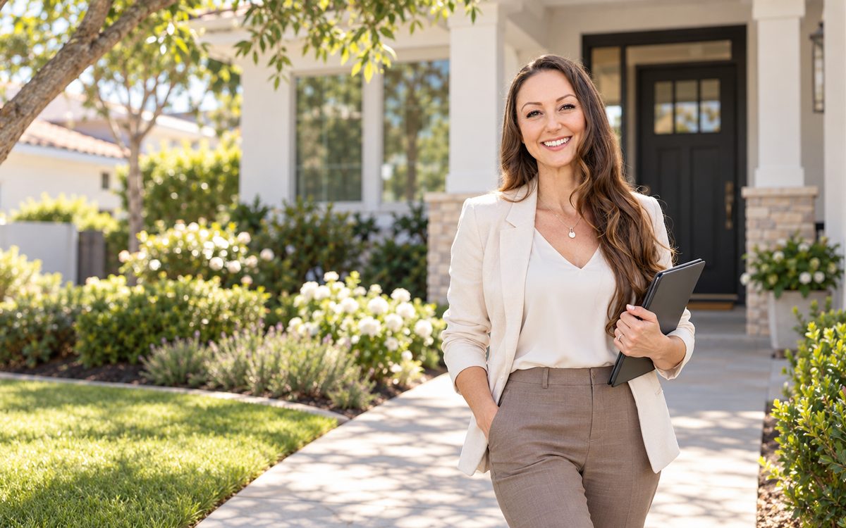 Natalie Tan, Orange County REALTOR®, standing outside a home with a laptop.