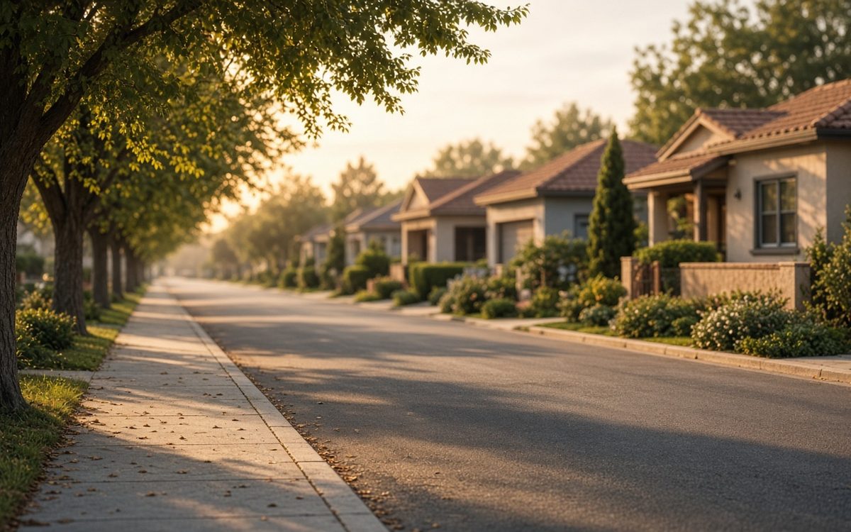 Quiet, tree-lined suburban street with single-story stucco homes and tile roofs in warm golden-hour light.