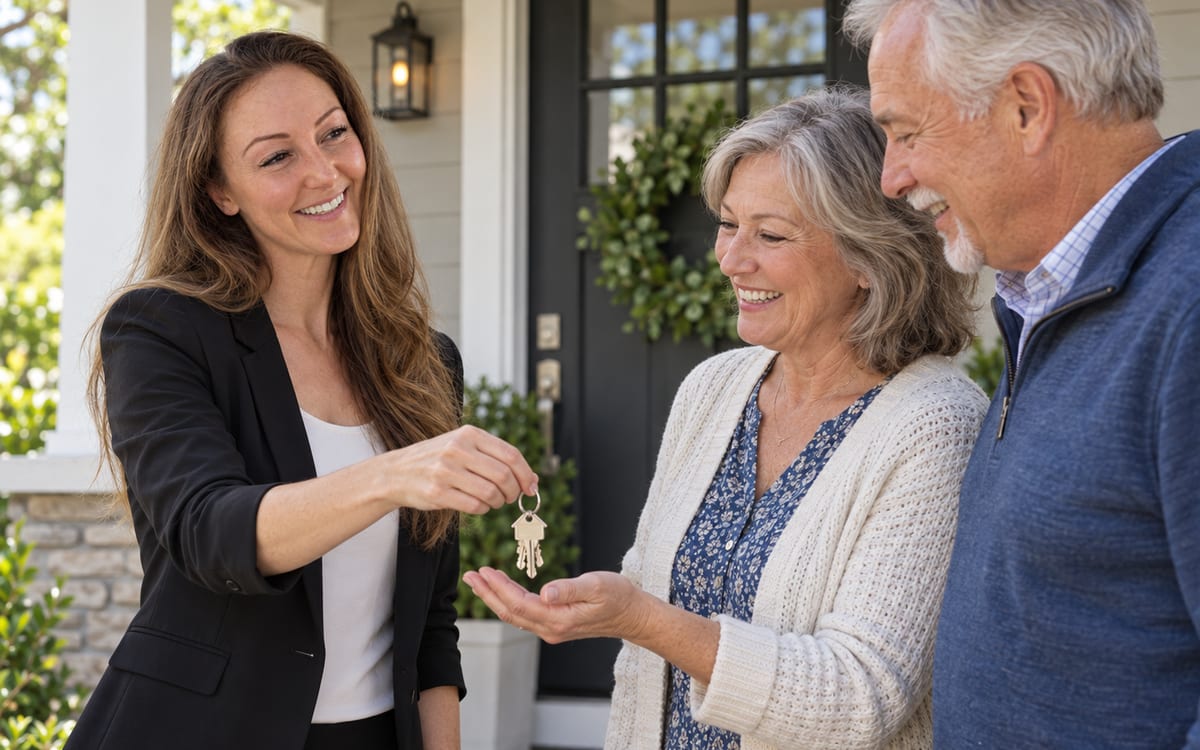 Natalie Tan handing house keys to a senior couple on their front porch after closing.