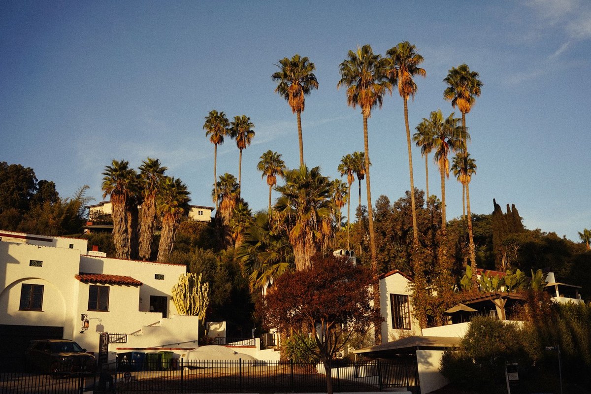 Southern California hillside neighborhood with Spanish-style homes, tall palm trees, and warm golden-hour light.